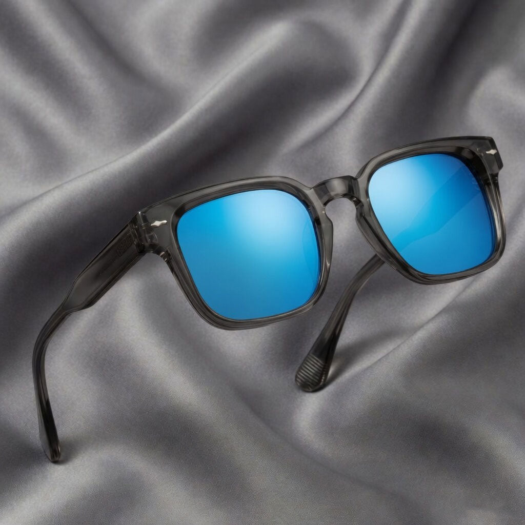 Specsnex x Thicker | Glossy Square Sunglasses | Dark Grey TR90 Frame | Blue Mirror 100% UV Lenses