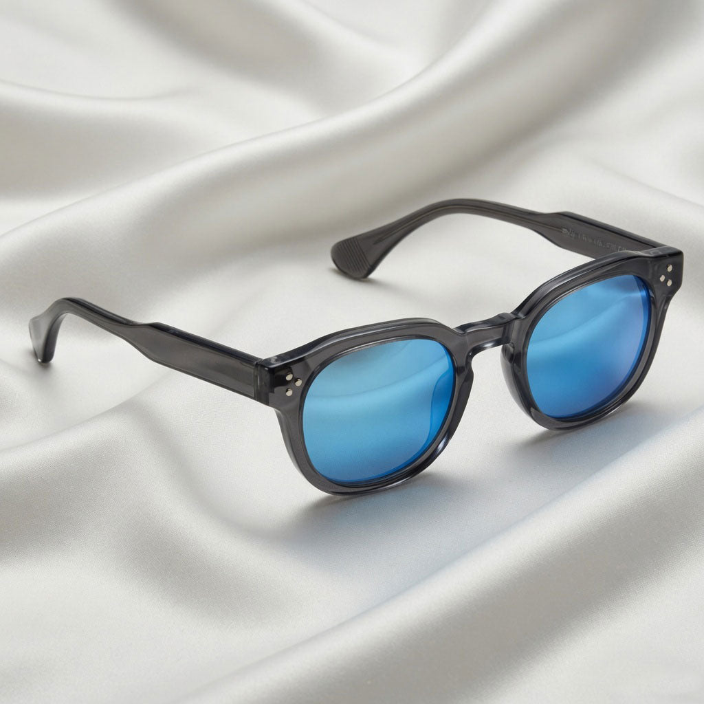 Specsnex x Robust | Glossy Round Sunglasses | Dark Grey TR90 Frame | Blue Mirror 100% UV Lenses
