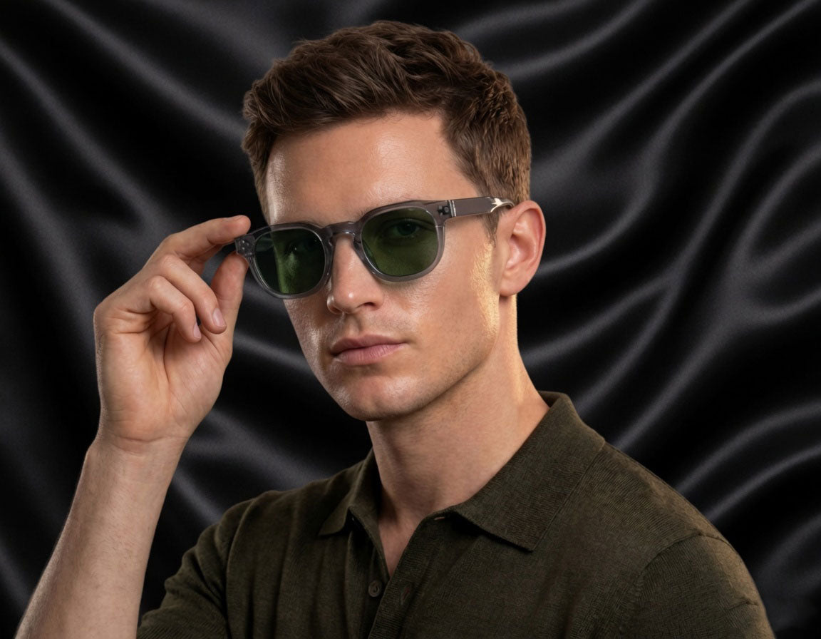 Specsnex x Robust | Glossy Round Sunglasses | Grey TR90 Frame | Green 100% UV Lenses