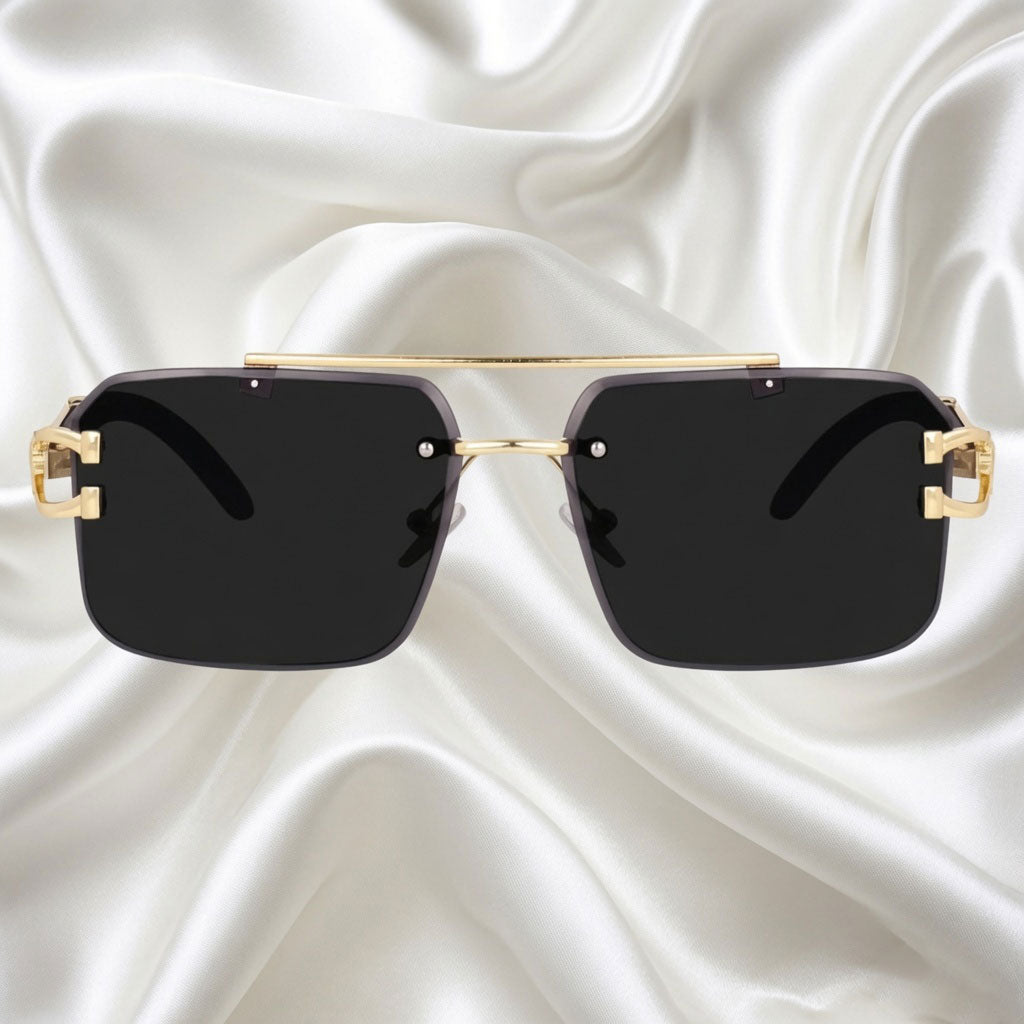 Specsnex x Eclipse | Rimless Square Sunglasses | Black & Gold Metal Frame | 100% UV Protection