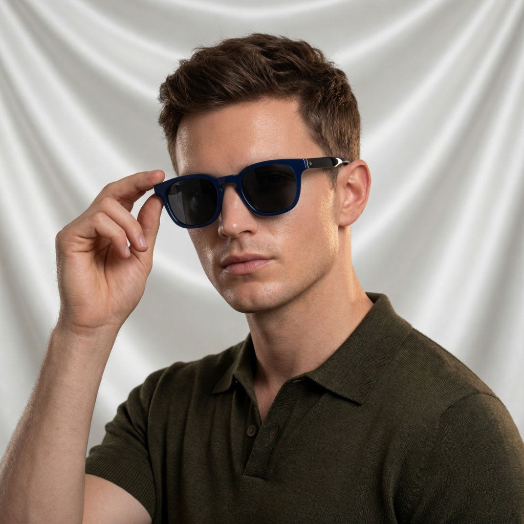 Specsnex x Robust | Glossy Round Sunglasses | Navy Blue & Translucent Black TR90 Frame | 100% UV Protection