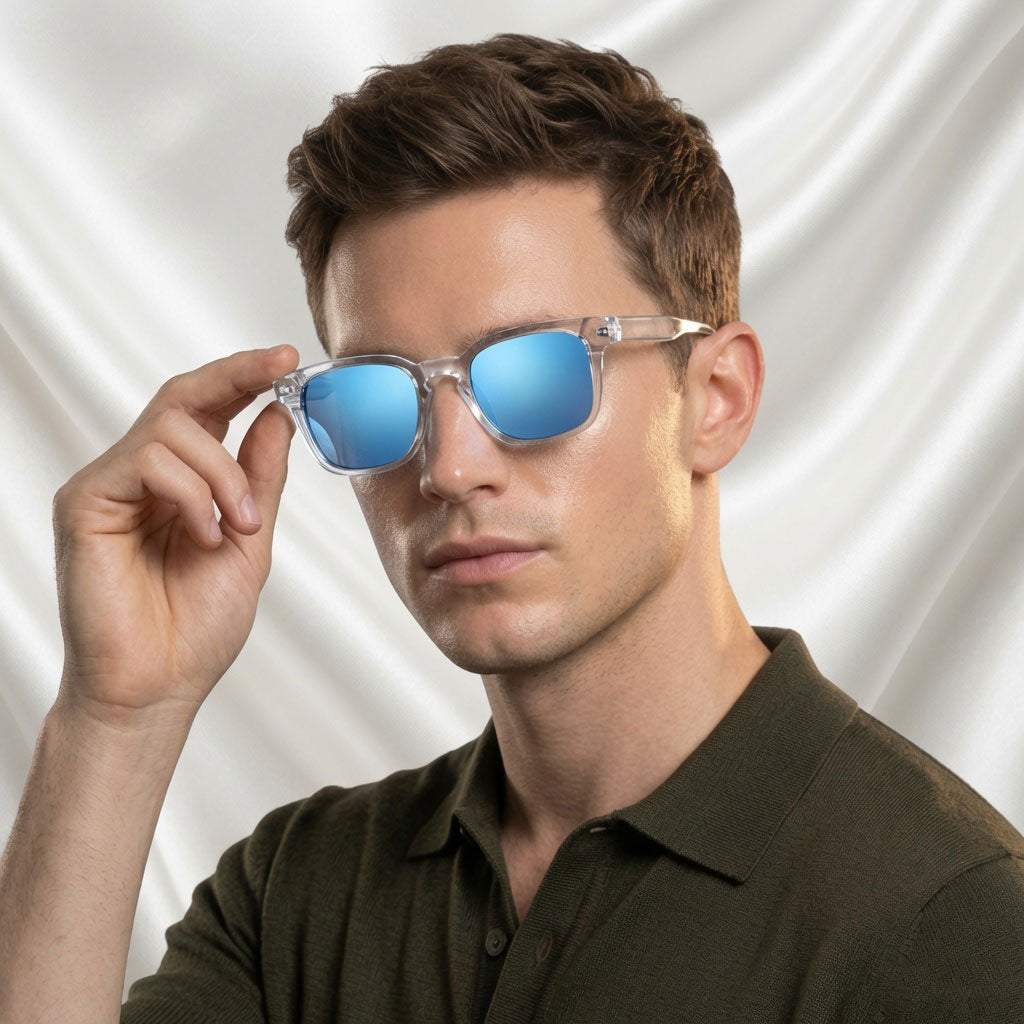Specsnex x Thicker | Glossy Square Sunglasses | Clear TR90 Frame | Blue Mirror 100% UV Lenses