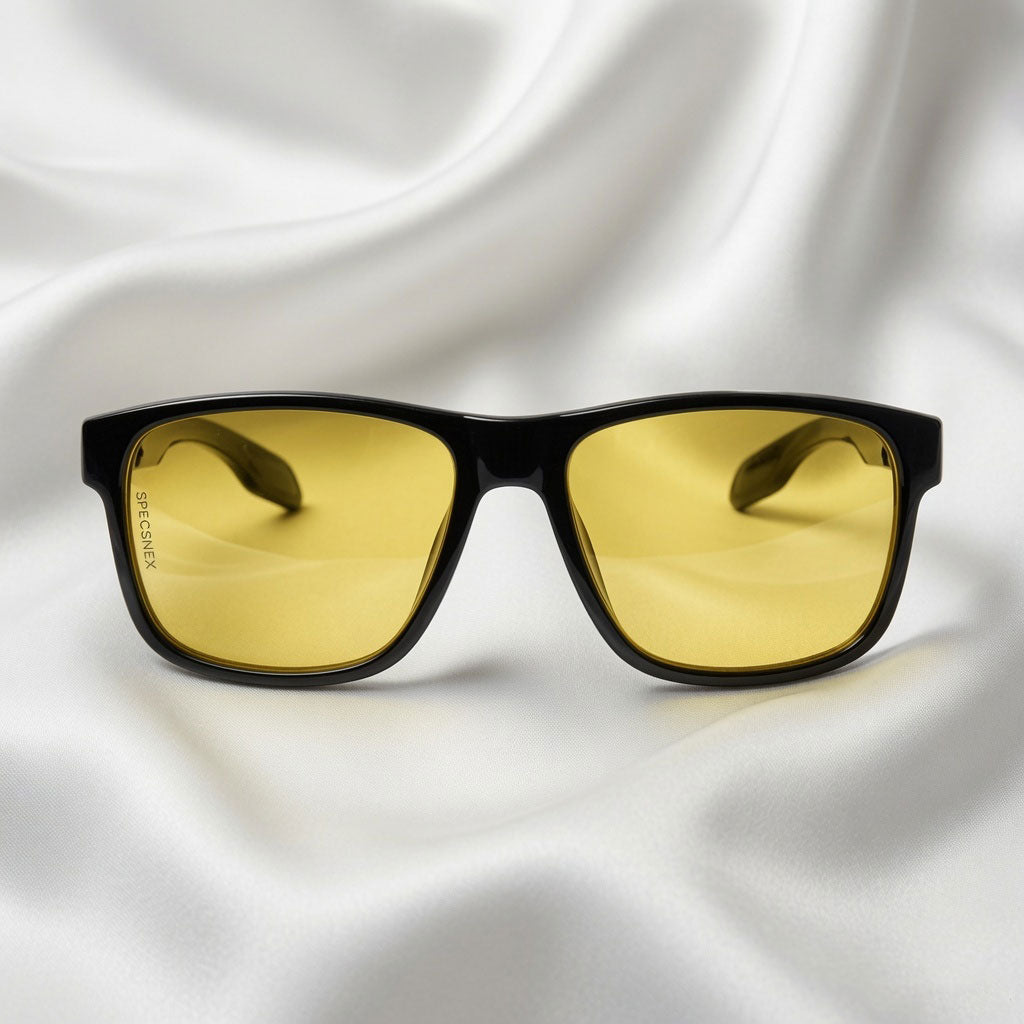 Specsnex x Crimson | Glossy Square Sunglasses | Black TR90 Frame | Night Vision 100% UV Lenses