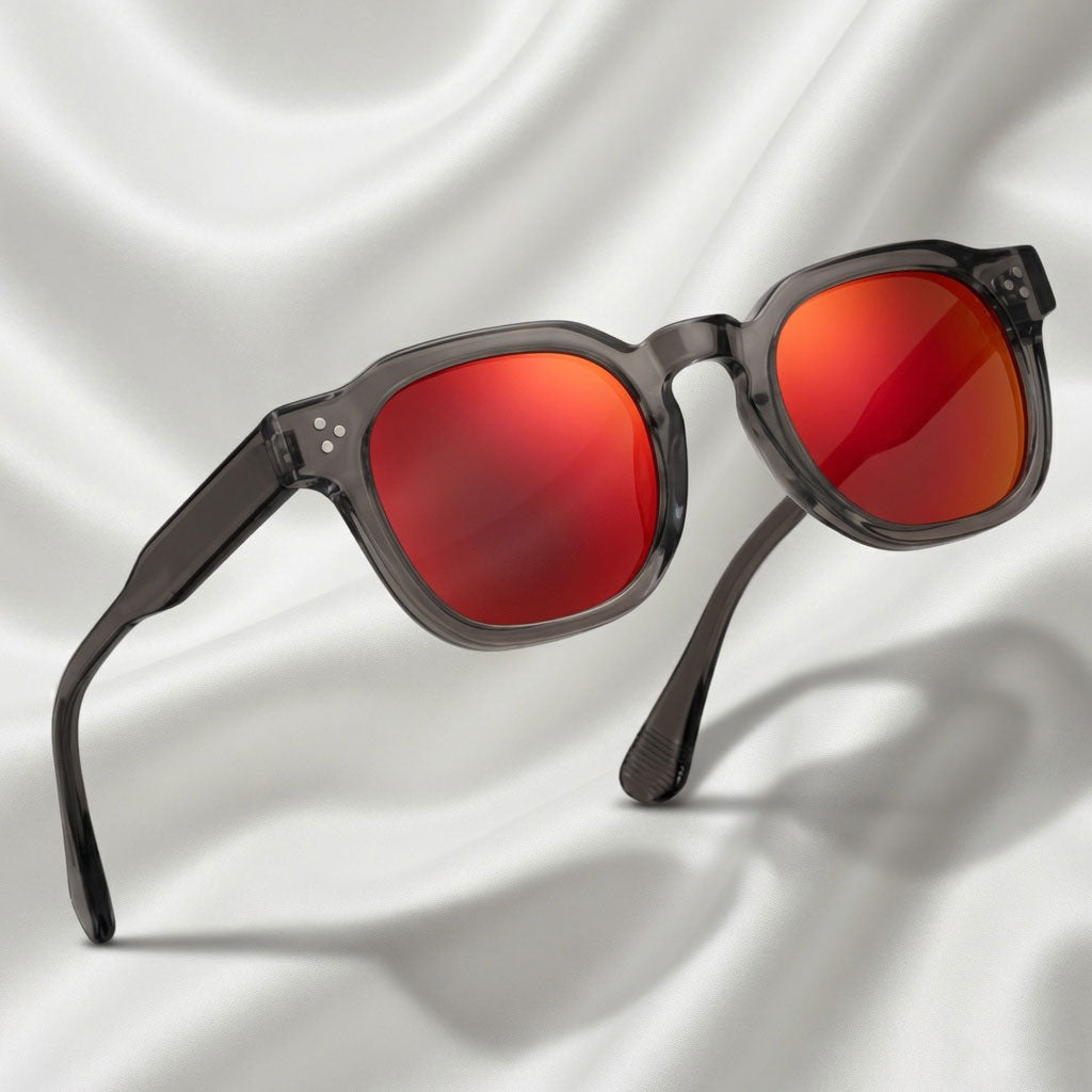 Specsnex x Robust | Glossy Round Sunglasses | Dark Grey TR90 Frame | Red Mirror 100% UV Lenses