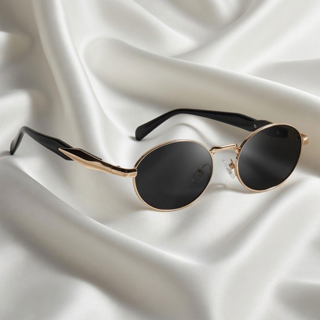 Specsnex x Royal | Oval Sunglasses with Gold Metal Accents | Black Lenses | 100% UV Protection