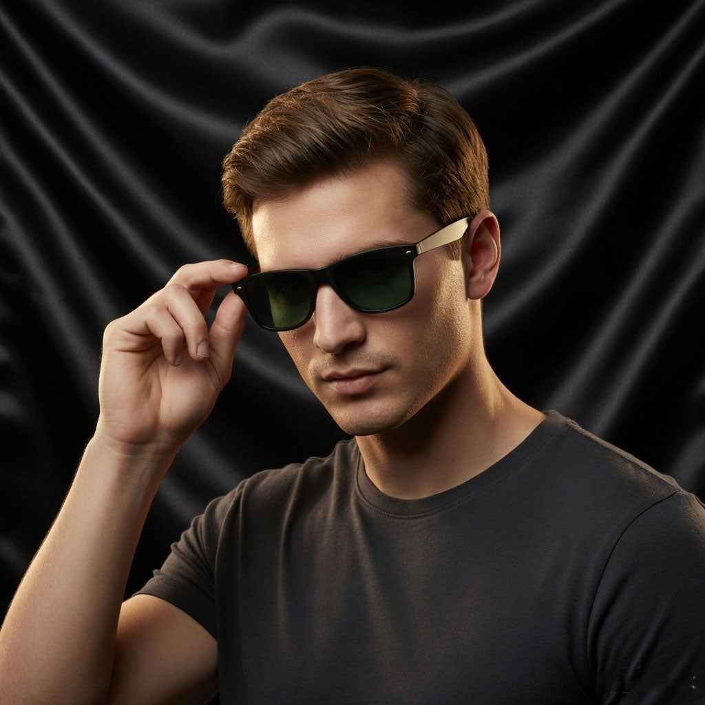 Specsnex x Legacy | Wayfarer Sunglasses | Black Rubber Coated TR90 Frame | Green 100% UV Lenses