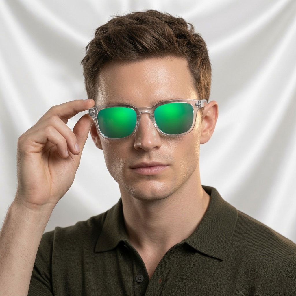 Specsnex x Thicker | Glossy Square Sunglasses | Clear TR90 Frame | Green Mirror 100% UV Lenses