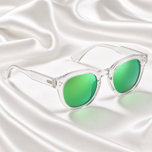 Specsnex x Robust | Glossy Round Sunglasses | Transparent TR90 Frame | Green Mirror 100% UV Lenses