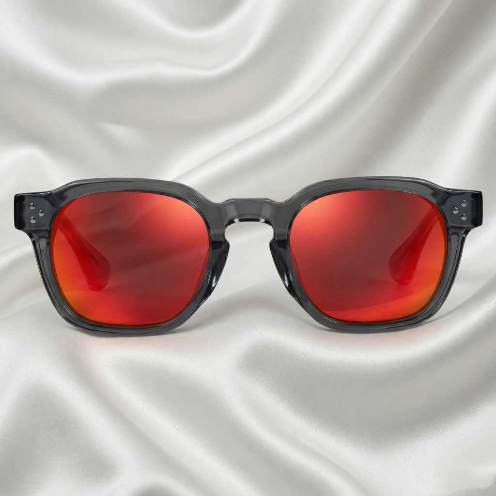 Specsnex x Robust | Glossy Round Sunglasses | Dark Grey TR90 Frame | Red Mirror 100% UV Lenses