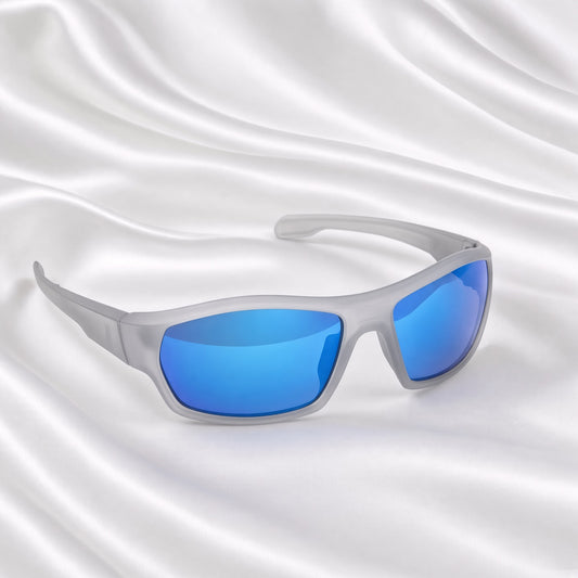 Specsnex x CHASING | Wrap Around Sports Sunglasses | GREY Rubber Coated TR90 Frame | Blue Mirror 100% UV Lenses