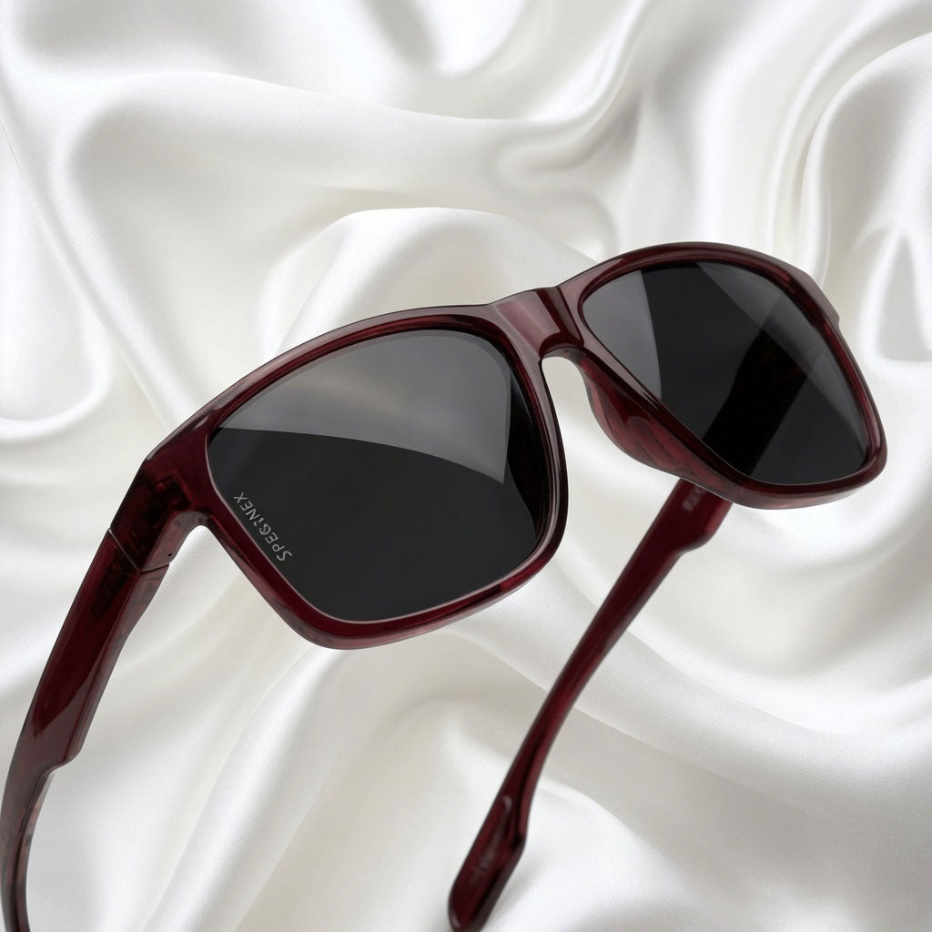 Specsnex x Crimson | Glossy Square Sunglasses | Dark Maroon TR90 Frame | 100% UV Protection