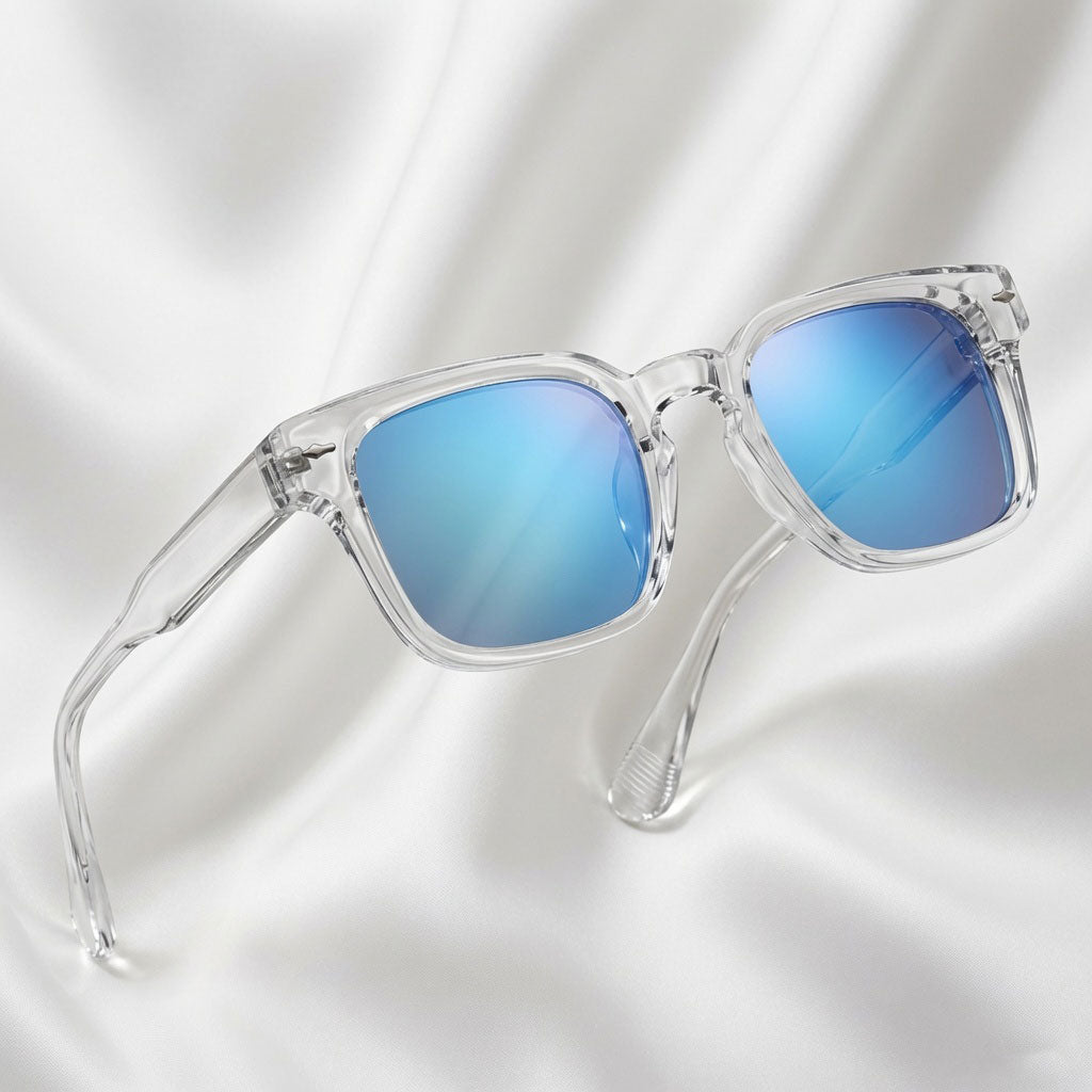 Specsnex x Thicker | Glossy Square Sunglasses | Clear TR90 Frame | Blue Mirror 100% UV Lenses