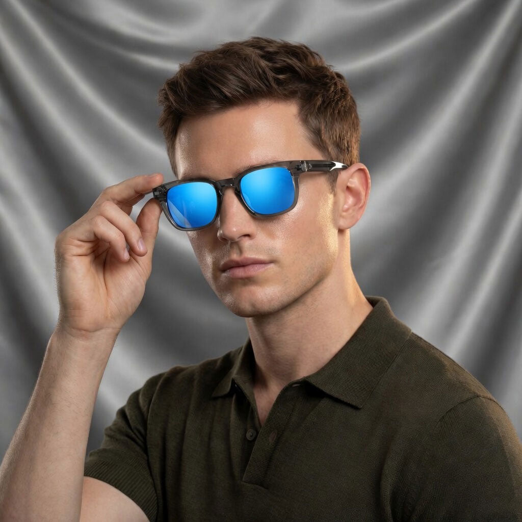 Specsnex x Thicker | Glossy Square Sunglasses | Dark Grey TR90 Frame | Blue Mirror 100% UV Lenses