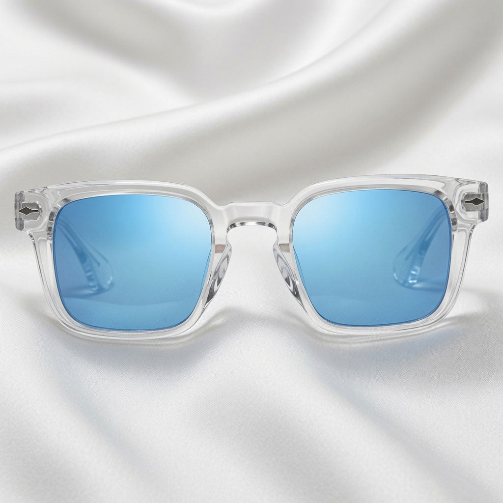 Specsnex x Thicker | Glossy Square Sunglasses | Clear TR90 Frame | Blue Mirror 100% UV Lenses