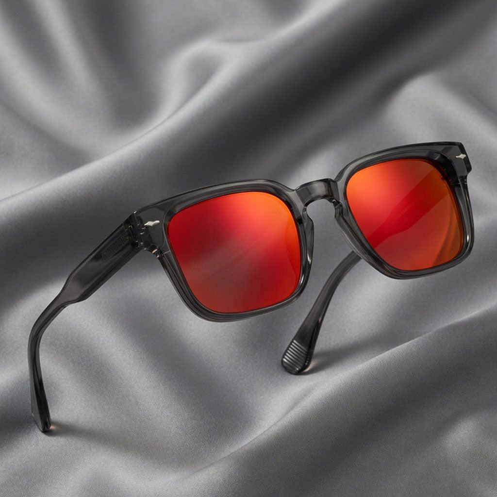Specsnex x Thicker | Glossy Square Sunglasses | Dark Grey TR90 Frame | Red Mirror 100% UV Lenses