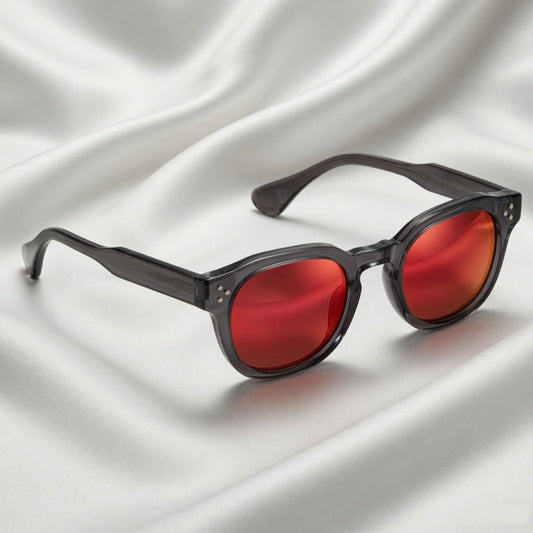 Specsnex x Robust | Glossy Round Sunglasses | Dark Grey TR90 Frame | Red Mirror 100% UV Lenses