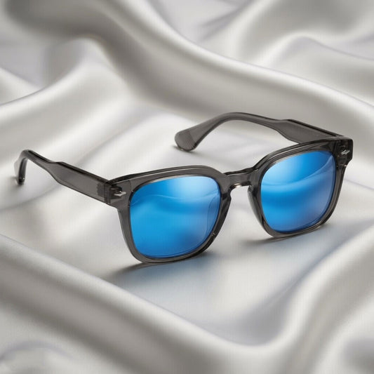 Specsnex x Thicker | Glossy Square Sunglasses | Dark Grey TR90 Frame | Blue Mirror 100% UV Lenses
