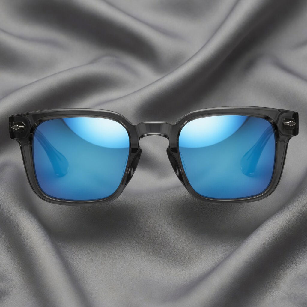 Specsnex x Thicker | Glossy Square Sunglasses | Dark Grey TR90 Frame | Blue Mirror 100% UV Lenses