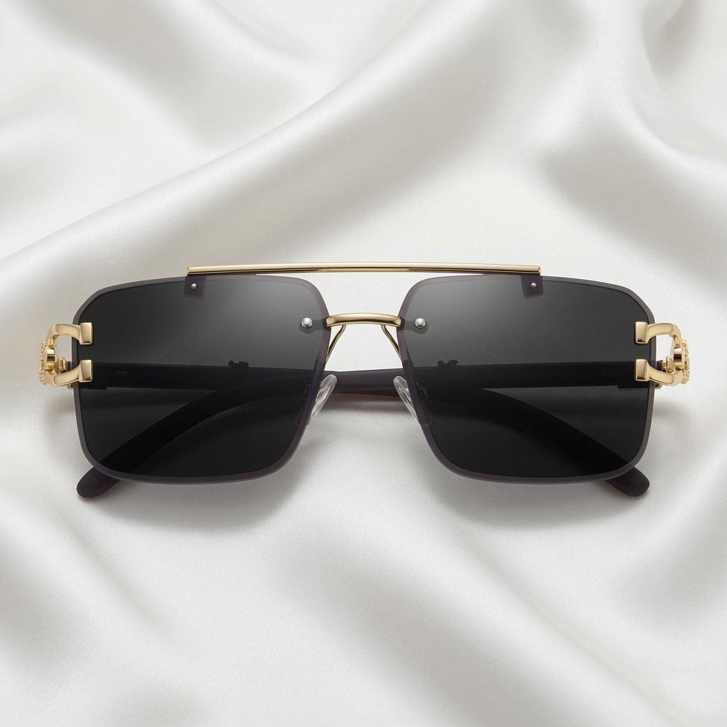 Specsnex x Eclipse | Rimless Square Sunglasses | Black & Gold Metal Frame | 100% UV Protection