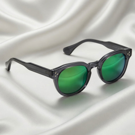 Specsnex x Robust | Glossy Round Sunglasses | Dark Grey TR90 Frame | Green Mirror 100% UV Lenses