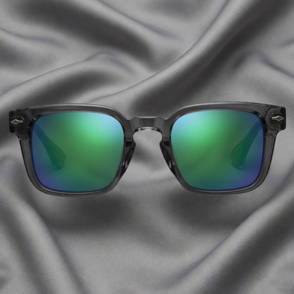 Specsnex x Thicker | Glossy Square Sunglasses | Dark Grey TR90 Frame | Green Mirror 100% UV Lenses