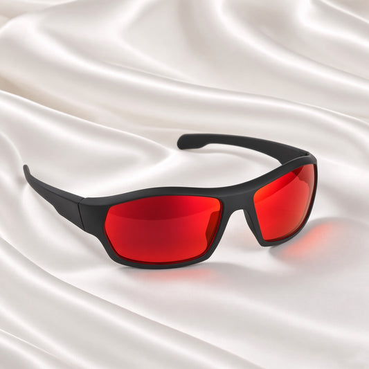 Specsnex x CHASING | Wrap Around Sports Sunglasses | Black Rubber Coated TR90 Frame | Red Mirror 100% UV Lenses