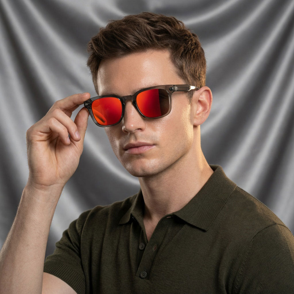 Specsnex x Thicker | Glossy Square Sunglasses | Dark Grey TR90 Frame | Red Mirror 100% UV Lenses