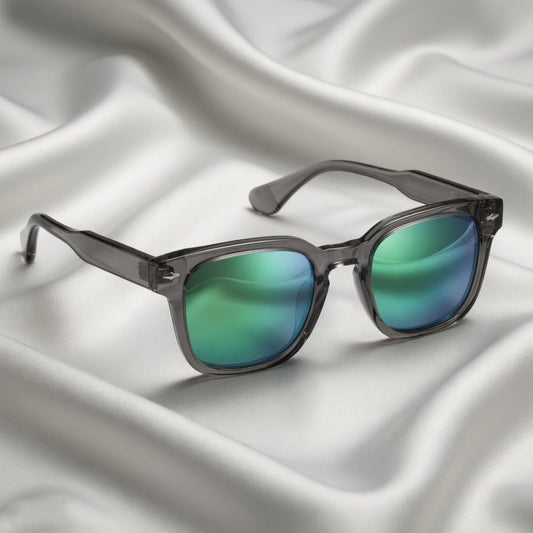 Specsnex x Thicker | Glossy Square Sunglasses | Dark Grey TR90 Frame | Green Mirror 100% UV Lenses