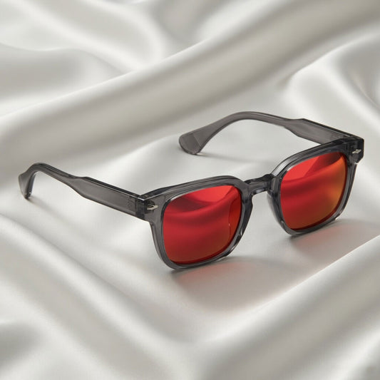 Specsnex x Thicker | Glossy Square Sunglasses | Dark Grey TR90 Frame | Red Mirror 100% UV Lenses