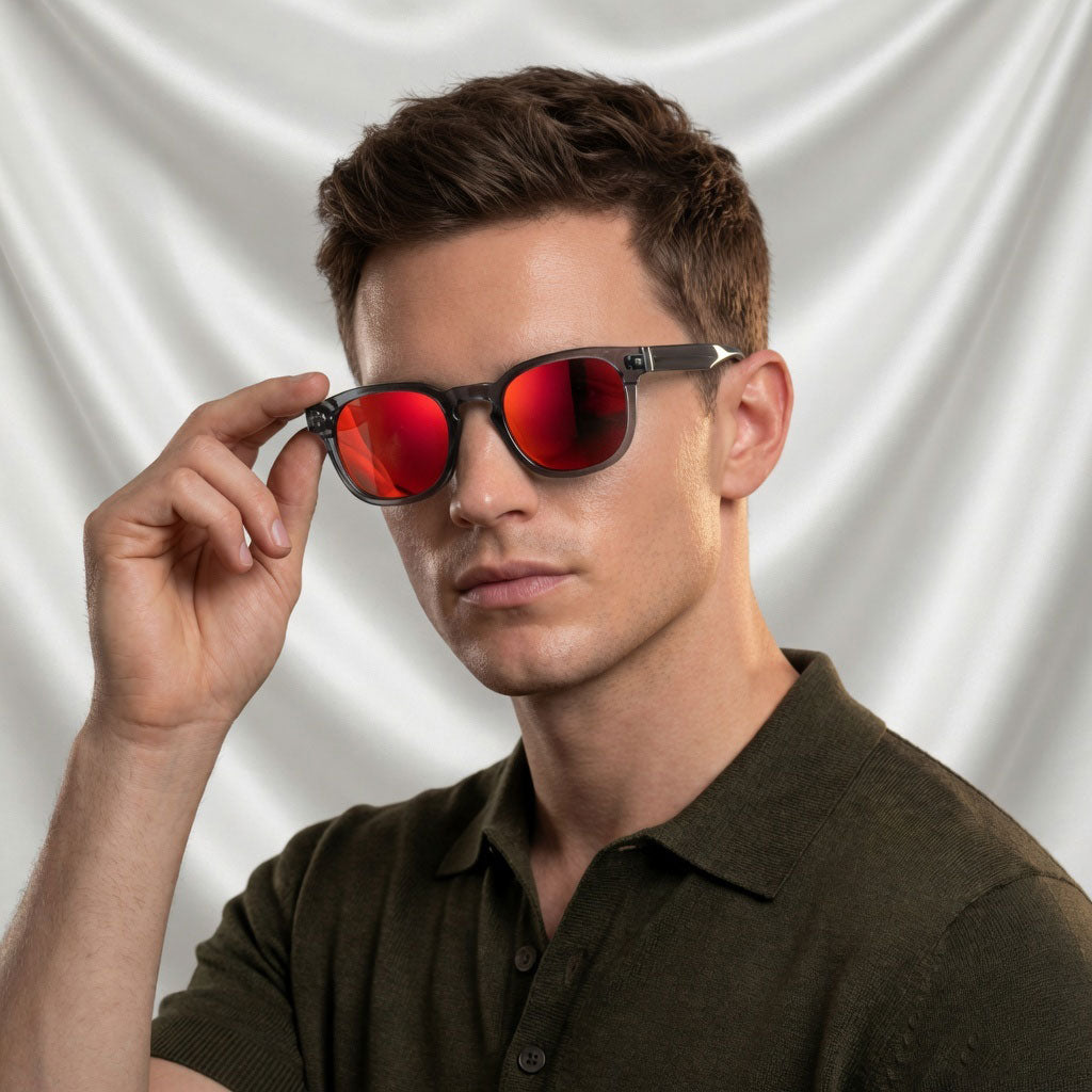 Specsnex x Robust | Glossy Round Sunglasses | Dark Grey TR90 Frame | Red Mirror 100% UV Lenses