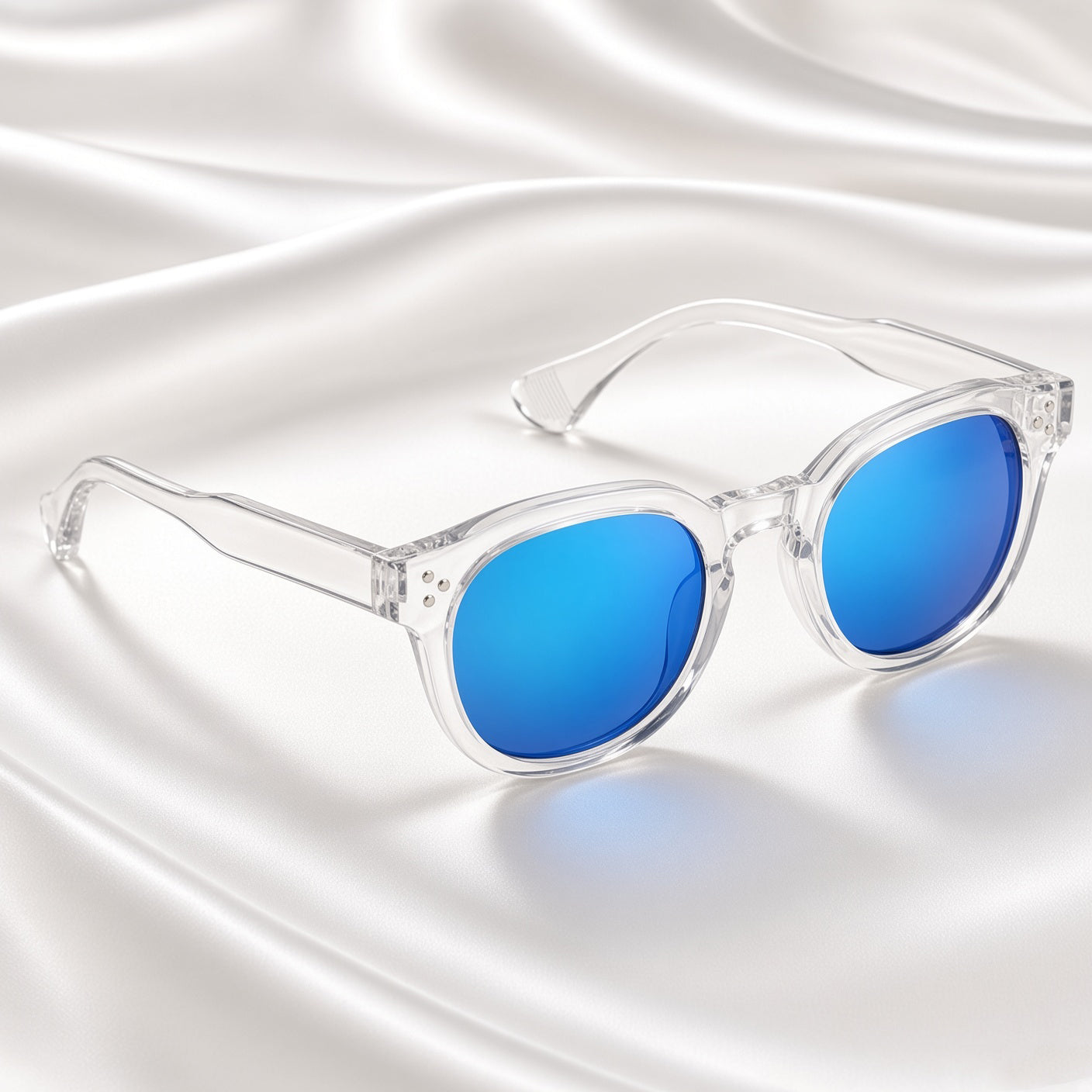 Specsnex x Robust | Glossy Round Sunglasses | Transparent TR90 Frame | Blue Mirror 100% UV Lenses